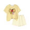 thumbnail image 5 of LvhaoGJOB Little Kids Girls T-Shirt and Shorts Outfit Set, Beige - large yellow bow graphic, notebook print with pink bow, 5 of 6