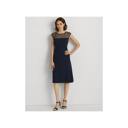 LAUREN RALPH LAUREN Womens Navy Sleeveless Round Neck Below The Knee Cocktail Fit   Flare Dress 12