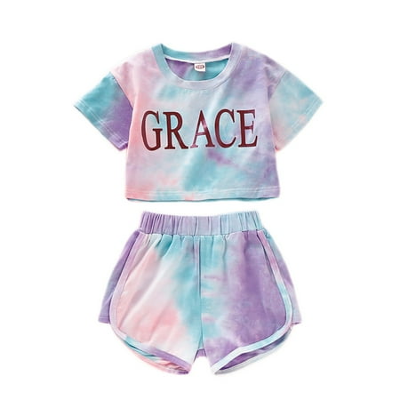 

KIMI BEAR Infant Girls Outfits 12 Months Infant Girls Summer Outfits 24 Months Infant Girls Casual GRACE Letter Print Tie-dye Short Sleeve Top + Shorts 2PCs Set Multi-color
