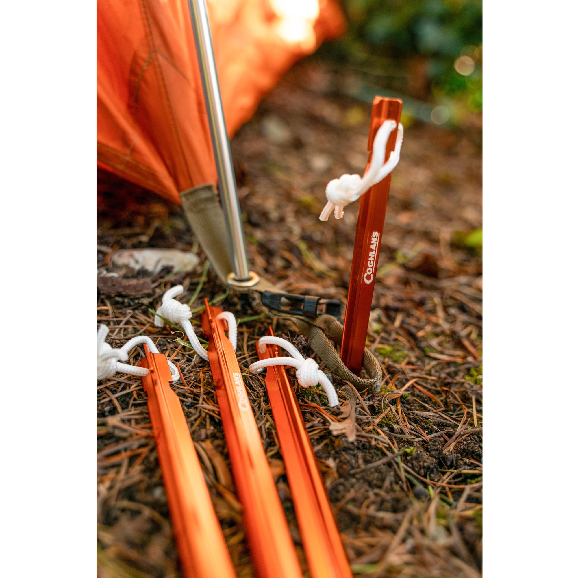 (4 pack) Coghlan's 9" Ultralight Tent Pegs 0.5 oz (14g), Anodized Aluminum, With Easy Pull Nylon Cord For Camping and Backpacking