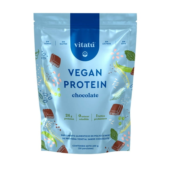 Vitatú | Proteína vegana en polvo 24 g de Proteina vegetal por porción, Sin azúcar añadida, sin gluten, sin lácteos y con probióticos. 20 porciones, 600 g sabor chocolate