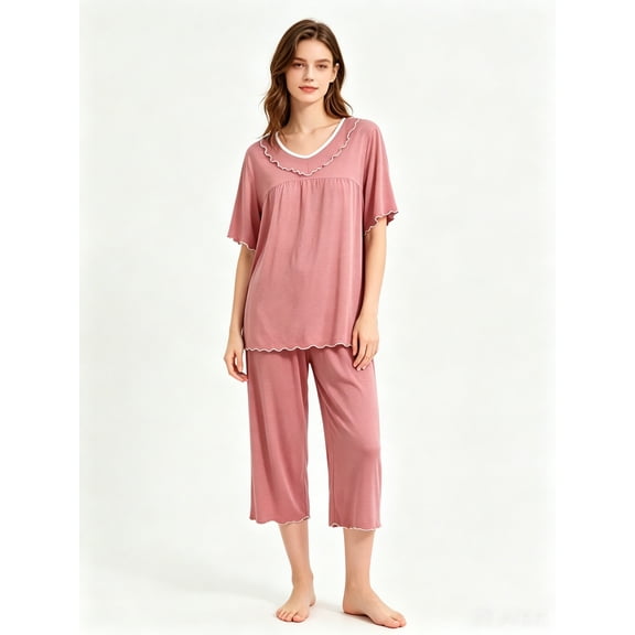 VONCOS Pajamas for Women Set Plus Size- Classic Plus Size Capri Pants Loungewear Nightdress Relaxed Fit 2PC Sleepwear