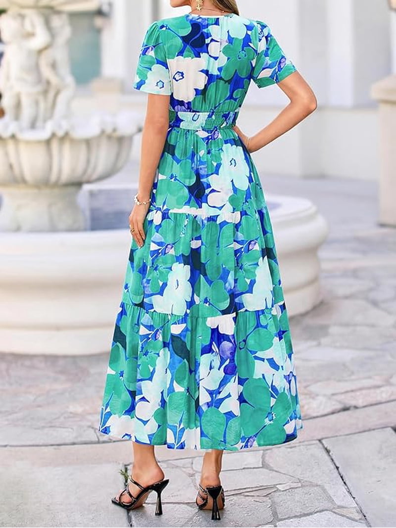 Btfbm Womens Summer Floral Maxi Dresses V Neck Short Sleeve Boho Casual Flowy Long Wedding Guest Dress Beach Vacation, Women's, Size: Small, Green