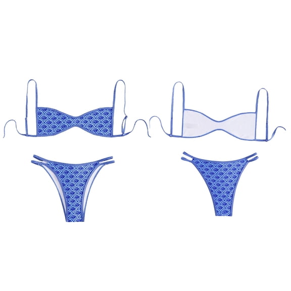 JoveMarine Women's Floral Print Two-Piece Bikini Set, Halter Backless Swimsuit with Striped Top, Padded Cups, Trendy Bikinis for Women,Blue L