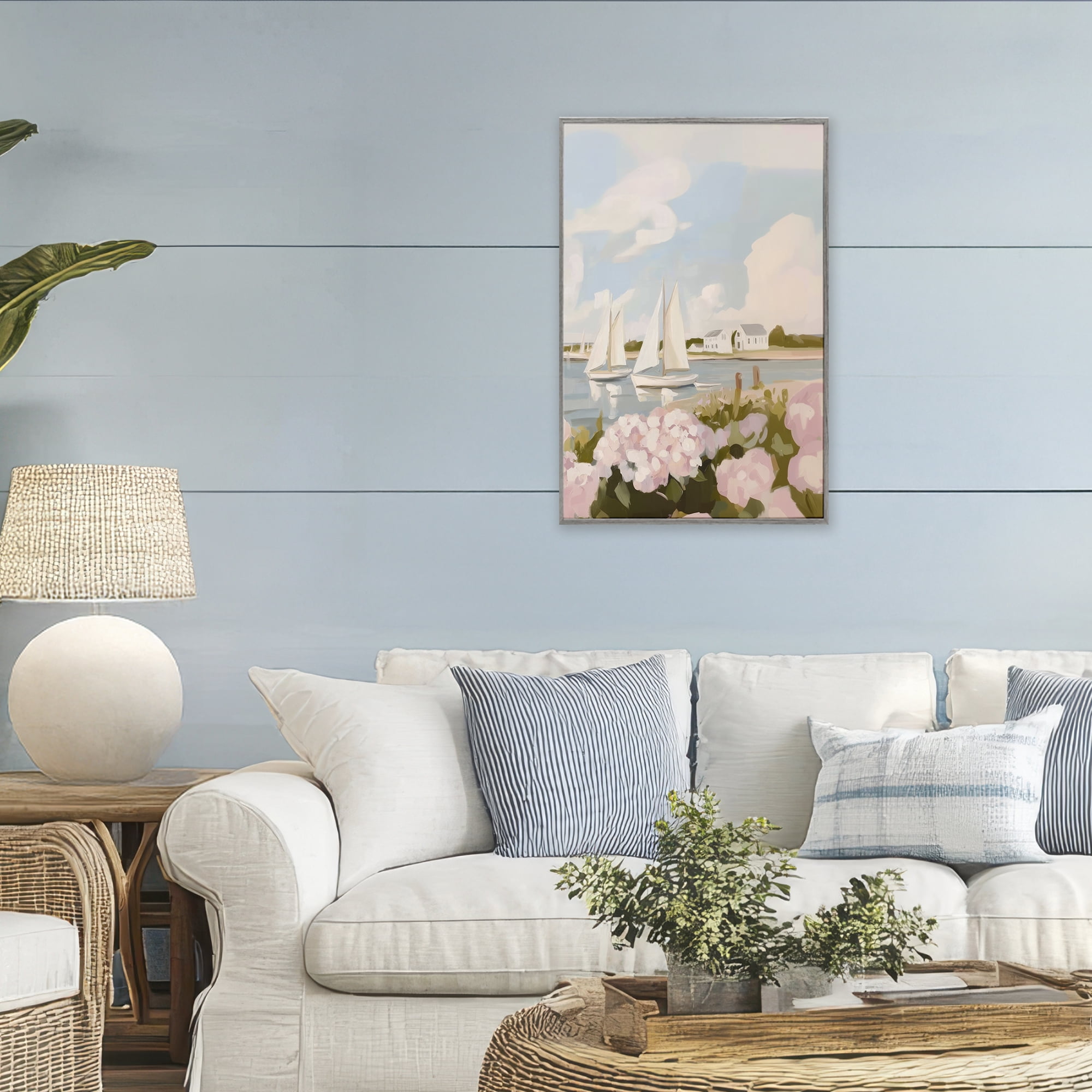 Stupell Industries Pink Hydrangeas with Sailboats Gray Framed Giclee Art, design by Sisi and Seb