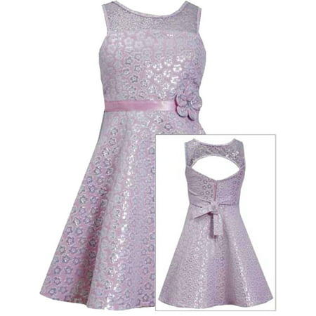 Tween Girls 7-16 Pink Silver Floral Illusion Fit Flare Social Party Dress [BNJ04442]