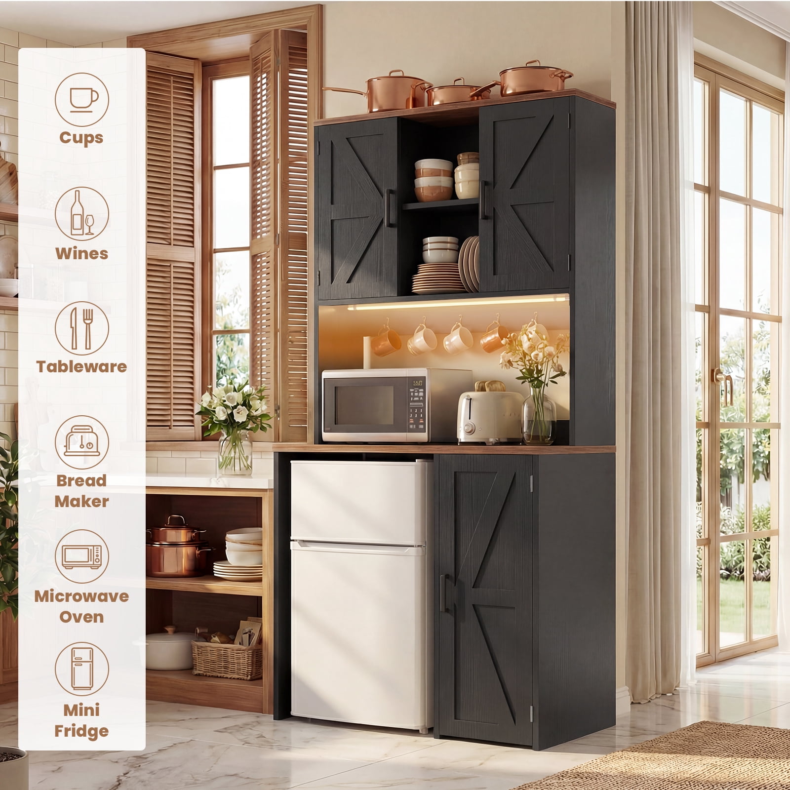 Aheaplus Multifunctional Mini Fridge Cabinet: Coffee Bar, Wine Stand & Beverage Station with Outlet, LED Light & Microwave Shelf, for Kitchen, Dorm, Office,Black