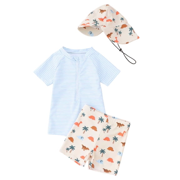 ibiyuan Toddler Boy Swimsuit Boys Swimwear 3 Piece Set With Hat For Baby Toddler Boys Girls Summer Beach Pool Swimming Outfit Striped Print Swim Trunks,6-12 Months