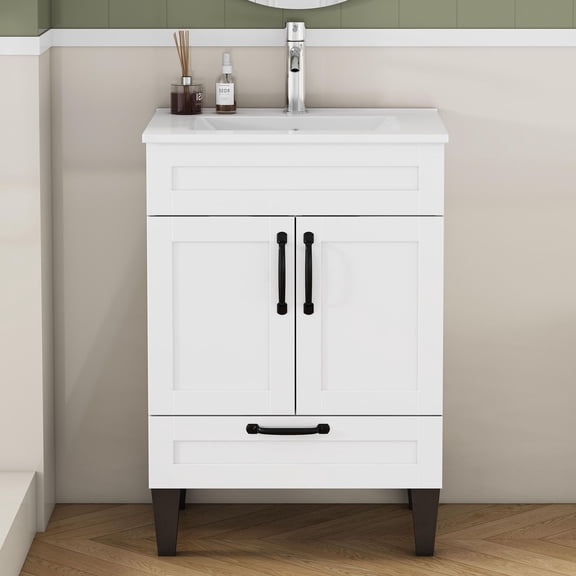S-HOME 24-Inch Versatile Bathroom Vanity Cabinet With Two Doors And One Drawer, White With Black Metal Handles, Storage For Essential Items