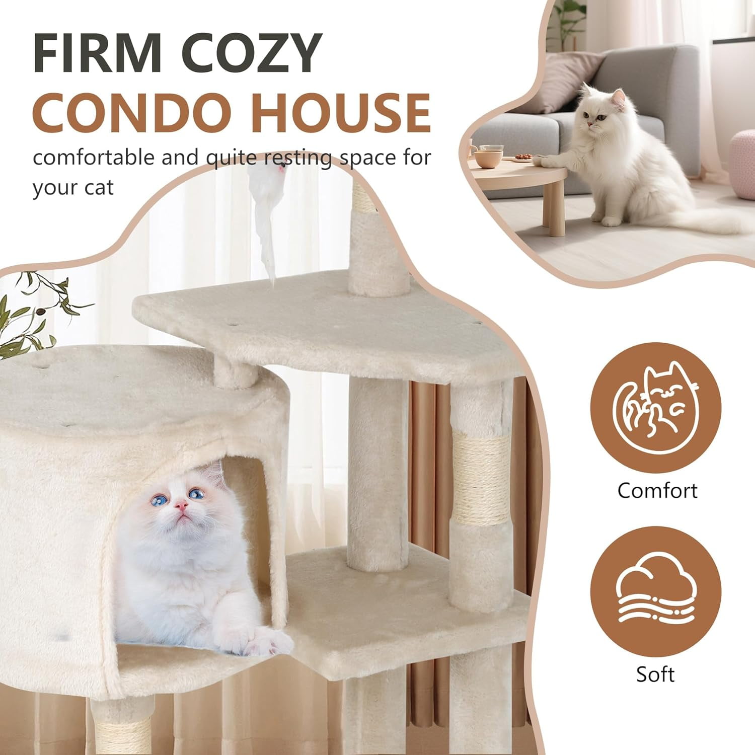 FDW Cat Tree 37 Inch Tall Cat Tower Kitten with Scratching Posts and Perches Indoor Activity Center for Cats (Beige)