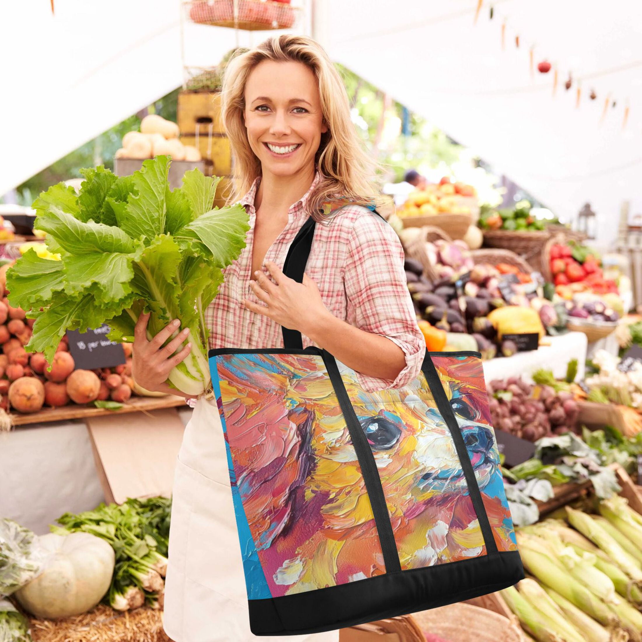 Large Hand-held Ice Pack Picnic Bag Insulation and Refrigeration Suitable for Shopping Picnics and Camping Rainbow Pretty Puppy