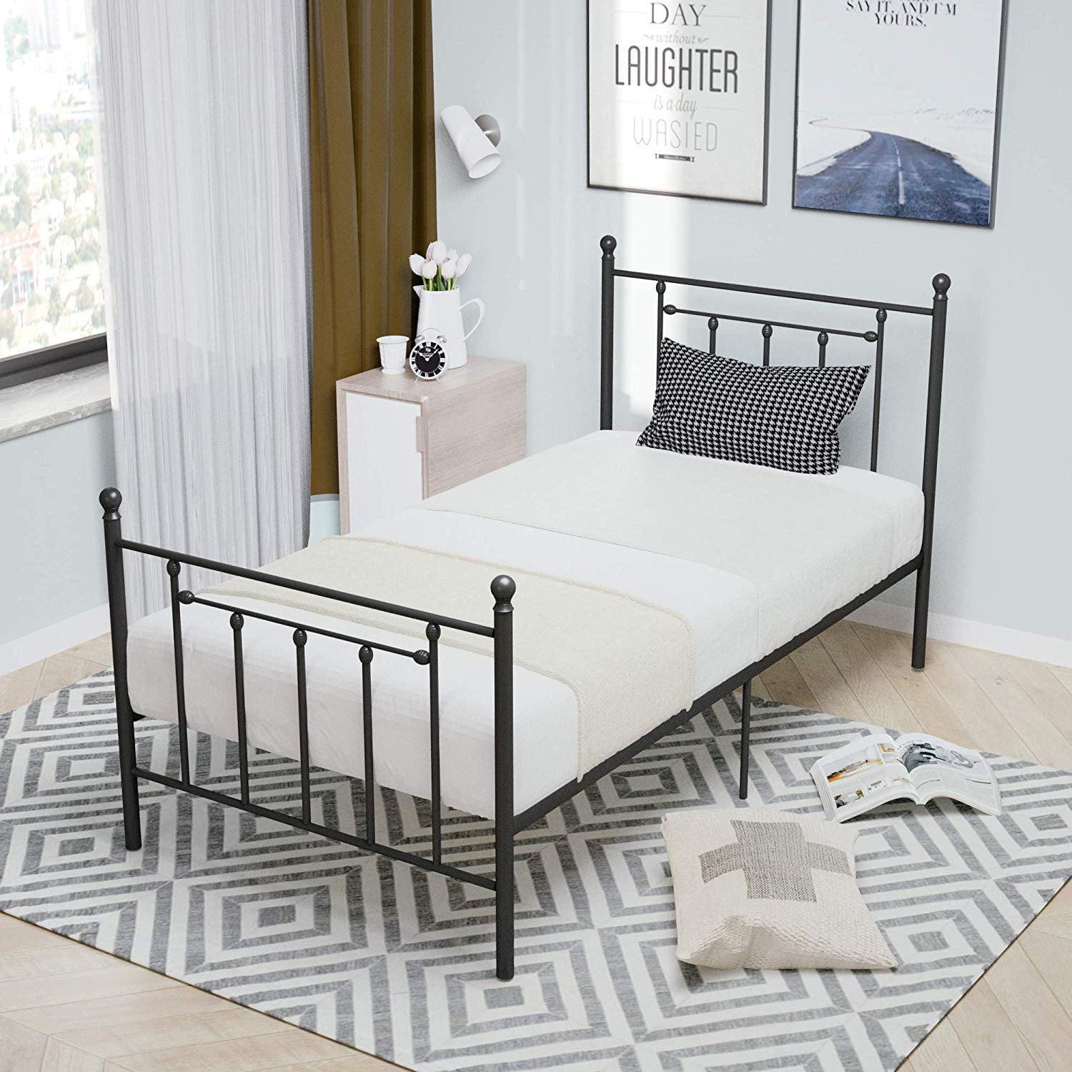 mecor 12.6 Inch Metal Twin Size Bed Frame with Victorian Headboard