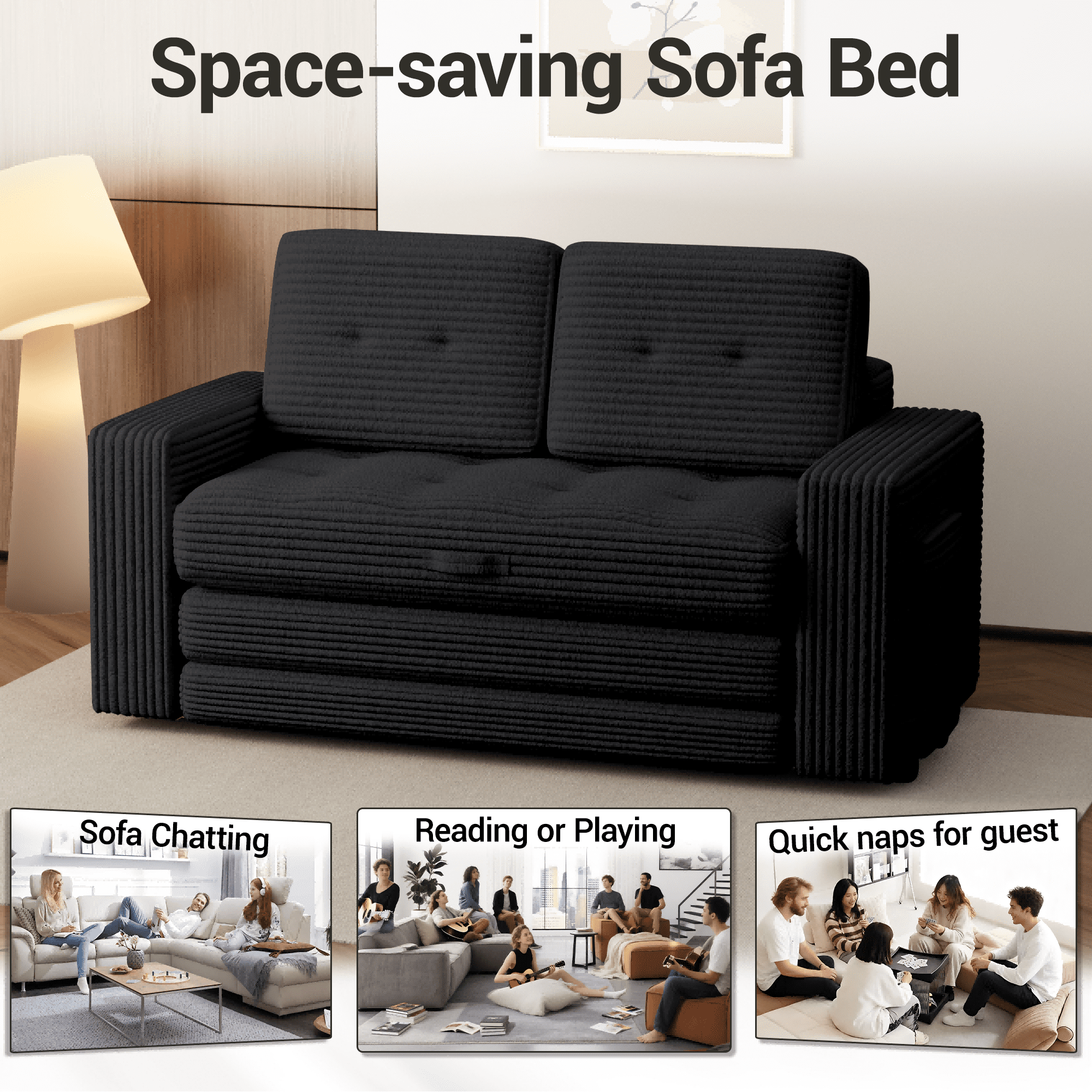 WENTUM Pull Out Loveseat Boneless Couch,Sleeper Sofa, Folding Couch Bed with Pillow for Living Room Bedroom, Black