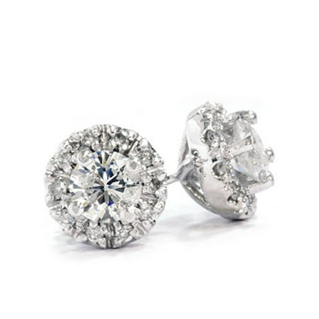 - 1 1/2ct Pave Halo Diamond Studs 14K White Gold