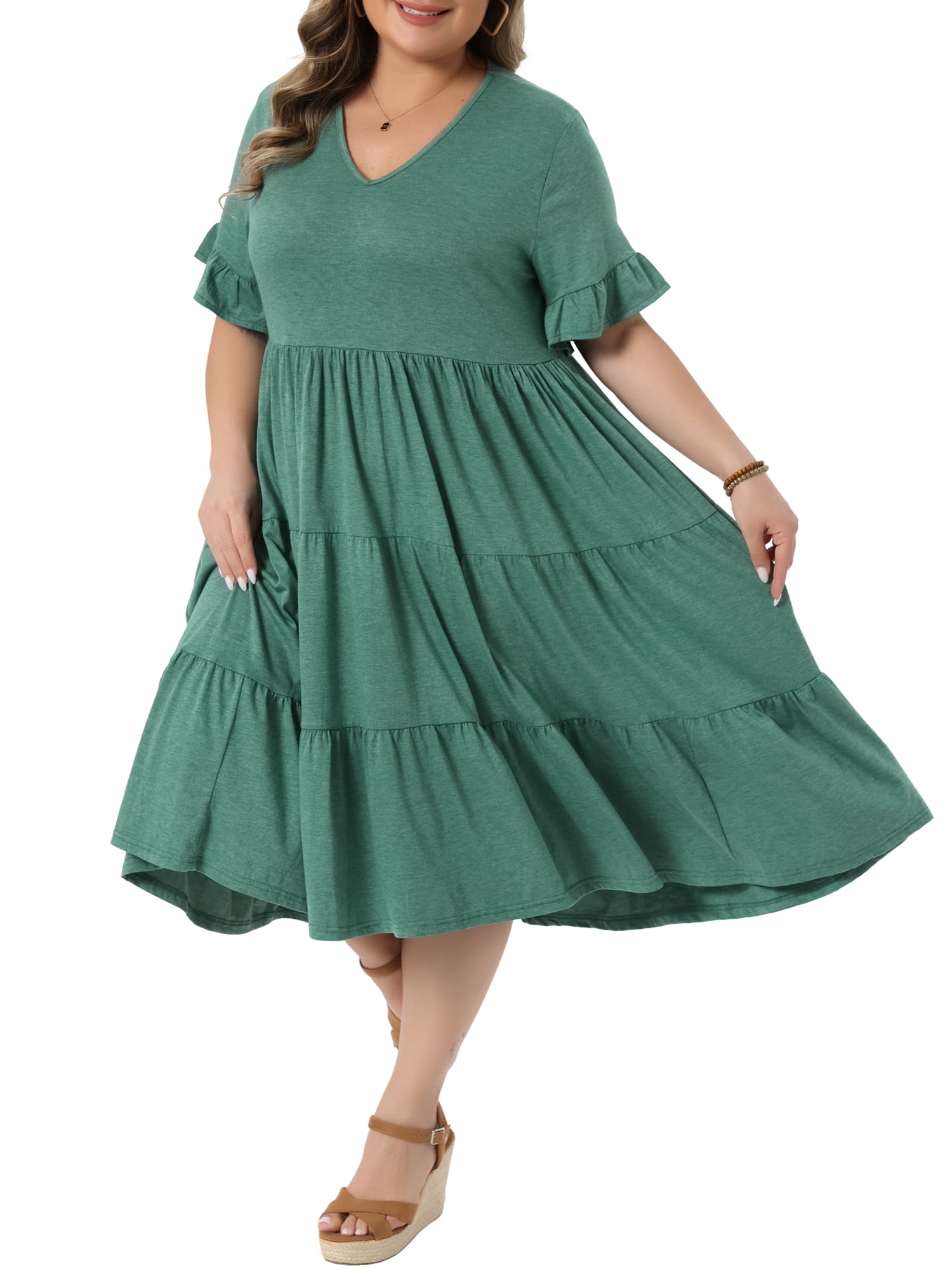DARING DIVA Women's Plus Size Babydoll V Neck Ruffle Sleeve Swing Tiered Dress 3X Green