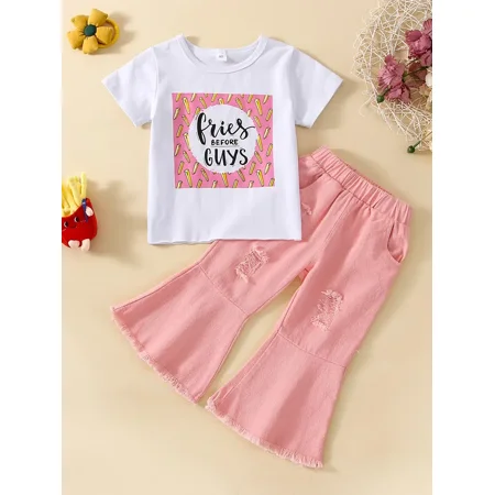 

2pcs Toddler Girls White Letter Top Denim Flare Leg Pants Set