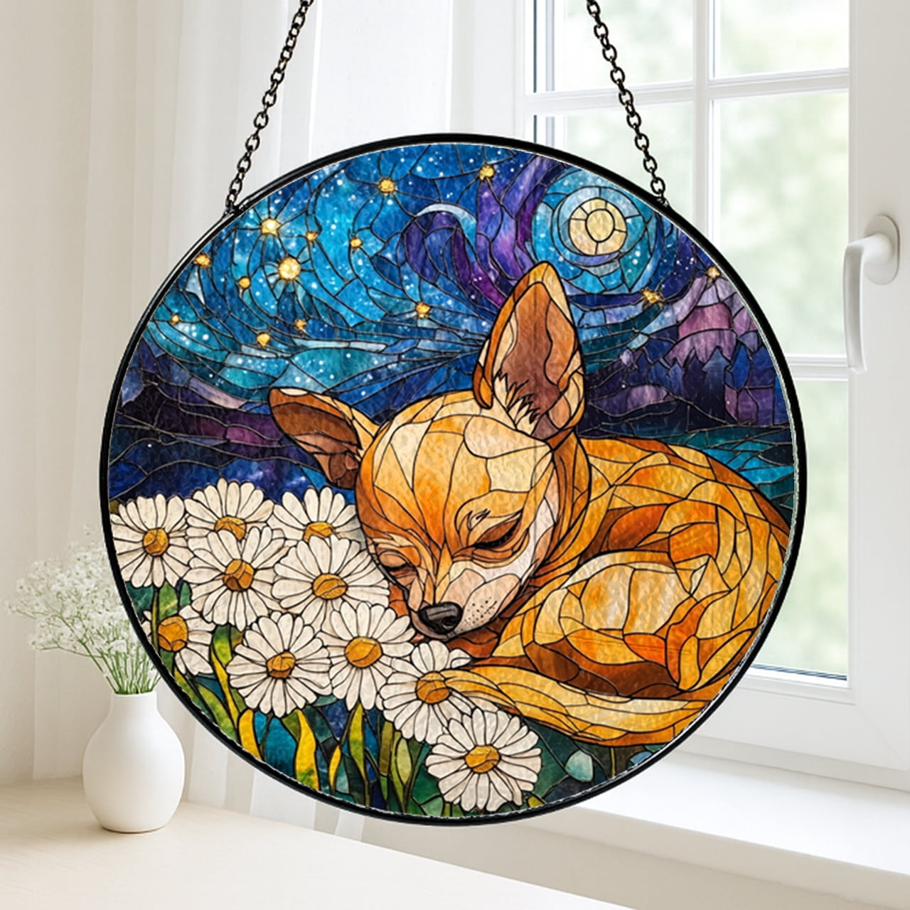 Faux Stained Glass Chihuahua Panel, Sleeping Dog and Dandelion Window Art