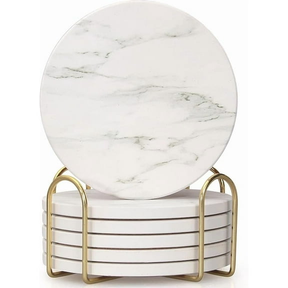 White Marble Style Ceramic Coasters Set of 6 with Holder Modern Coffee Table Decor Drink Coaster Gifts Absorbent Stone Coasters for Rustic Farmhouse Bar