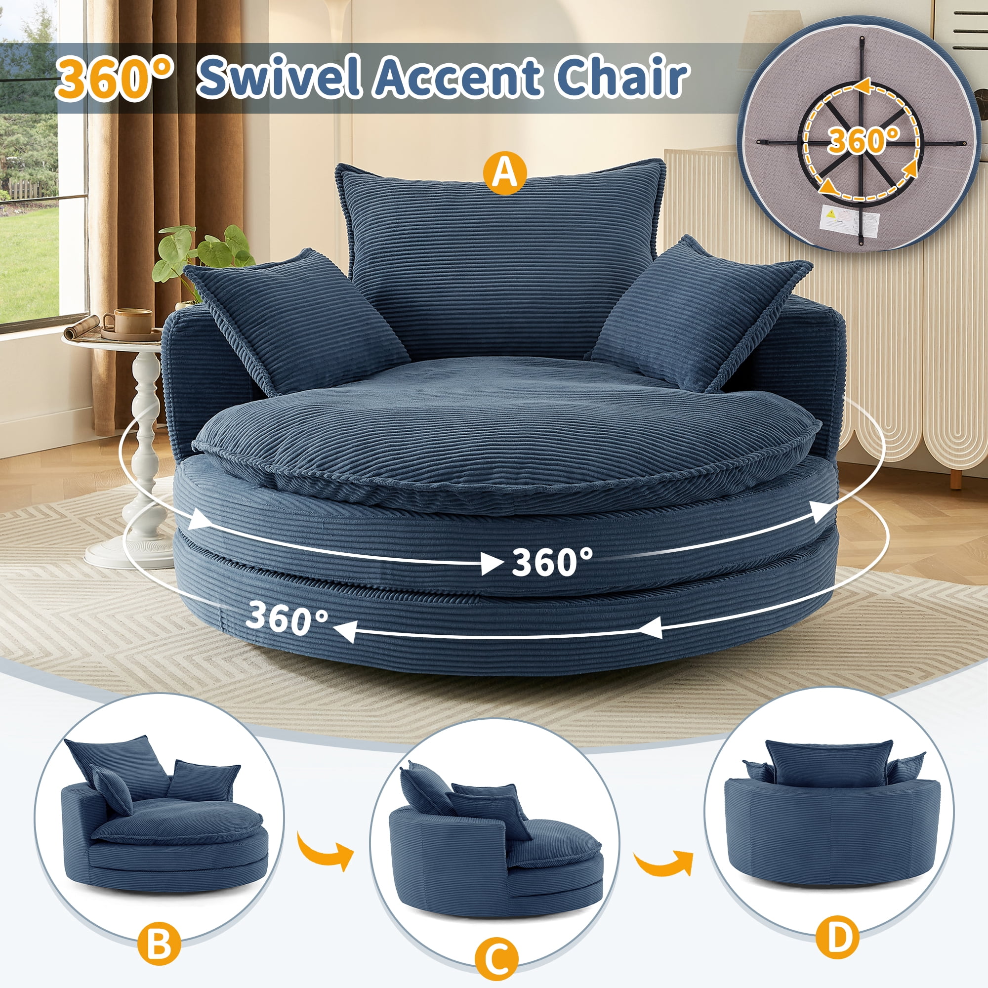 Euroco Oversized Round Swivel Chair with Corduroy Upholstery and Deep Seat, 360° Rotation Lounge Chair with Pillows for Living Room or Bedroom – 57.5" W x 56.5" D x 35.25" H