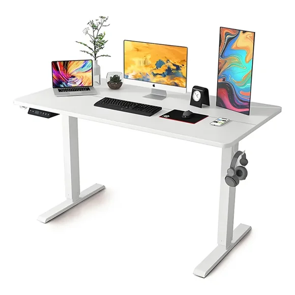Escritorio eléctrico elevable 120x60 cm Blanco, altura ajustable, mesa ergonómica con memoria de altura, gancho para audífonos y portavasos