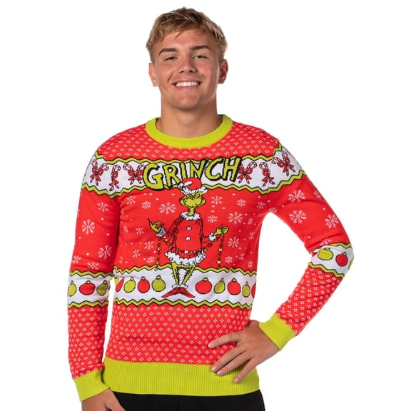 Dr Seuss The Grinch Men's Snowflakes Fair Isle Adult Holiday Ugly Christmas Sweater