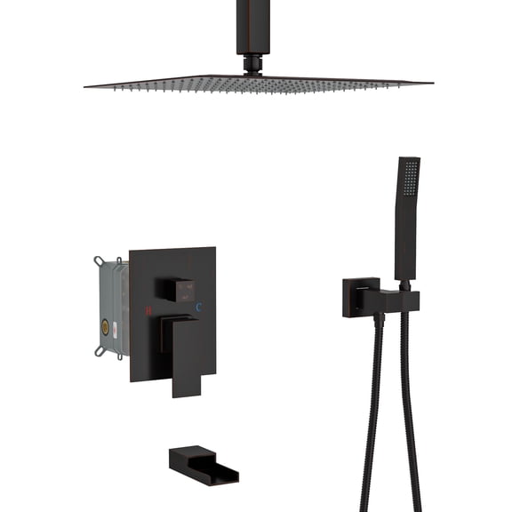 DUOSONG Shower System With Waterfall Tub Spout,16 Inch Ceiling Mount Square Shower System With Rough-In Valve, Oil Rubber Bronze Oil-Rubbed Bronze Stainless Steel Bath & Faucets Freestanding Tub