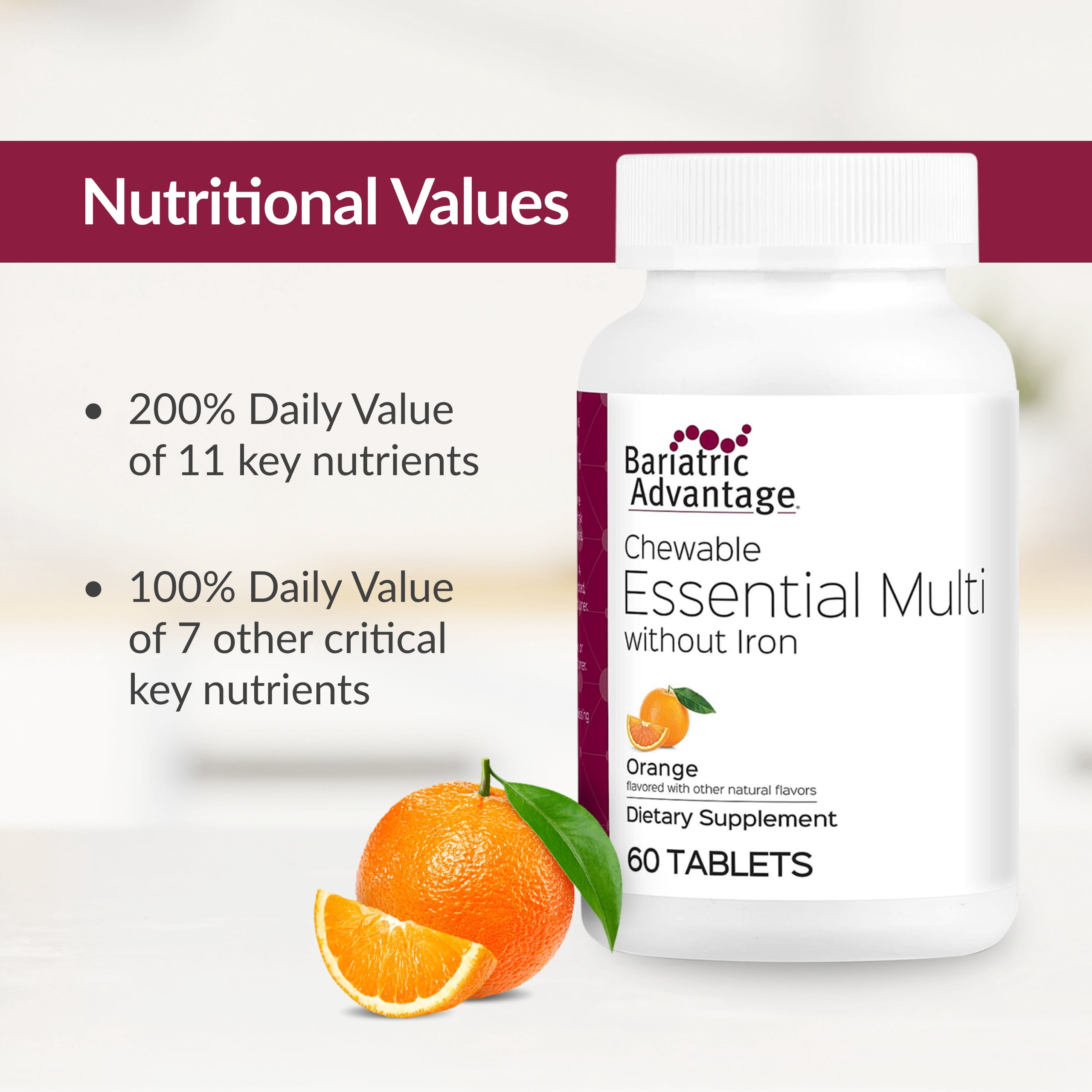 Bariatric Advantage Essential Multivitamin without Iron - 200 DV Of Key Nutrients - Trace Mineral Support* - Multivitamins for Bariatric Patients - Orange - 60 Tablets