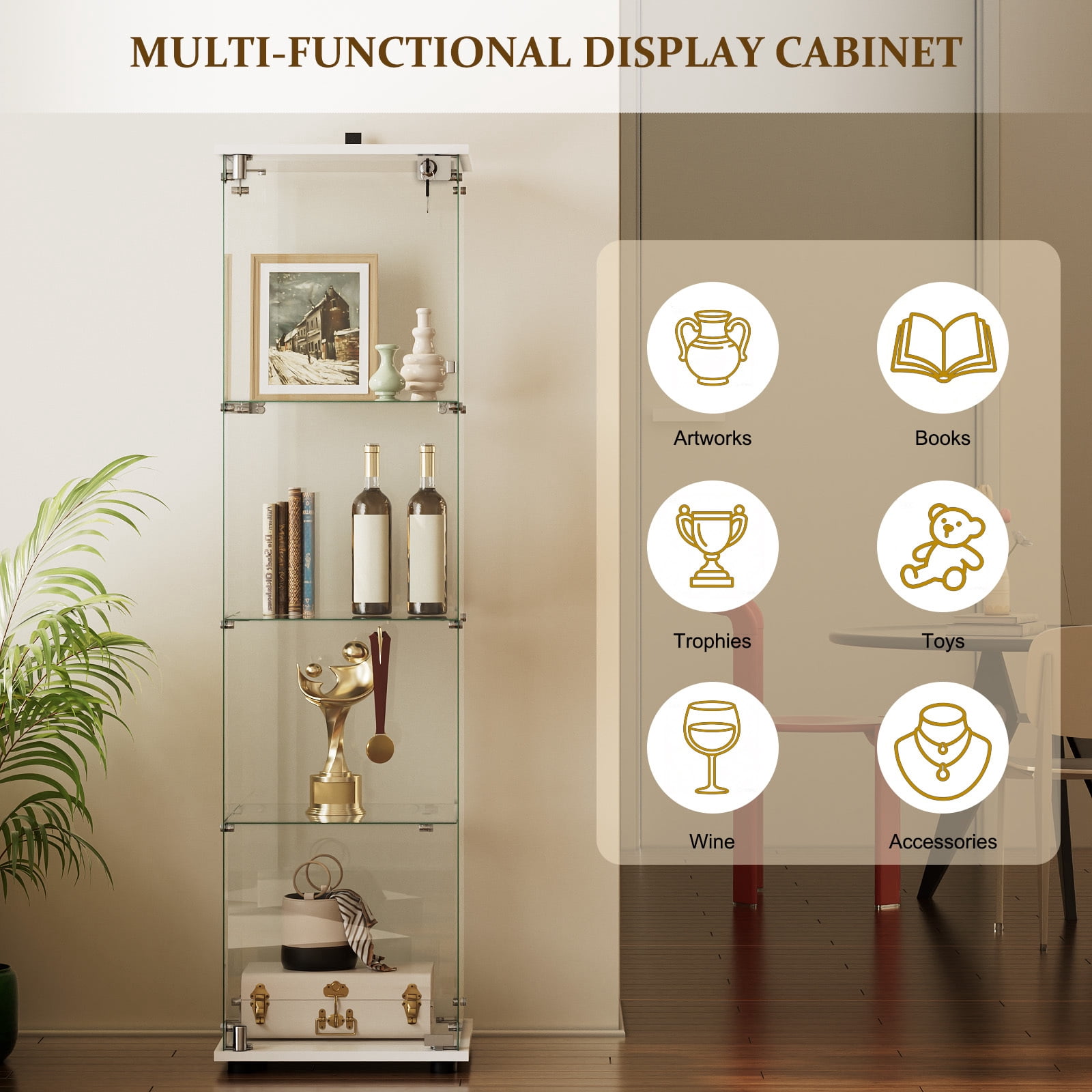 Easy4Home 4-Shelf Glass Display Cabinet with Lock, 64"H Freestanding Curio Display Showcase for Collectibles with Single Glass Door, White