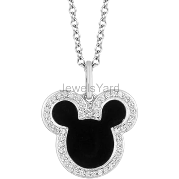 JewelsYard Created Round Cut White Diamond Real 925 Sterling Silver 14K White Gold Finish Enamel Mouse Fashion Pendant Necklace Christmas Gift for Women