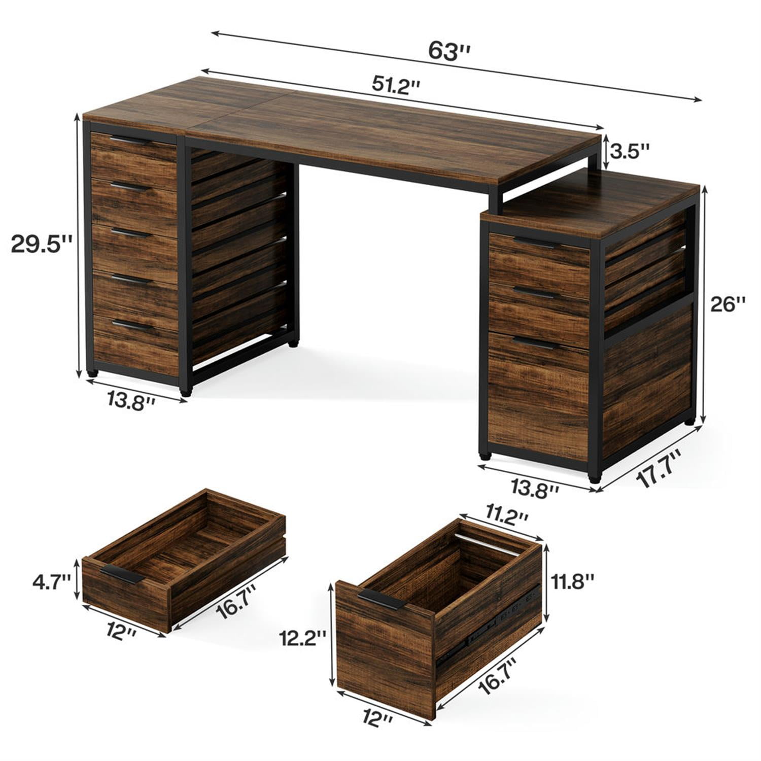 Demi Bonn 63" Computer Desk with File Cabinet and Storage Drawers, Modern Study Writing Gaming Table for Home Office, Brown