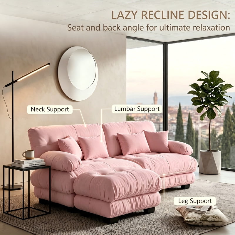 ANPPORT Cloud Couch Sleeper Sofa, Chenille Pink 2-Seater Modular Sofa with 1 Ottomans, 2 Lumbar pillows, 2 Pillows, Comfy Deep Seat Cloud Sofa, Convertible L-Shaped Floor Couch for Living Room