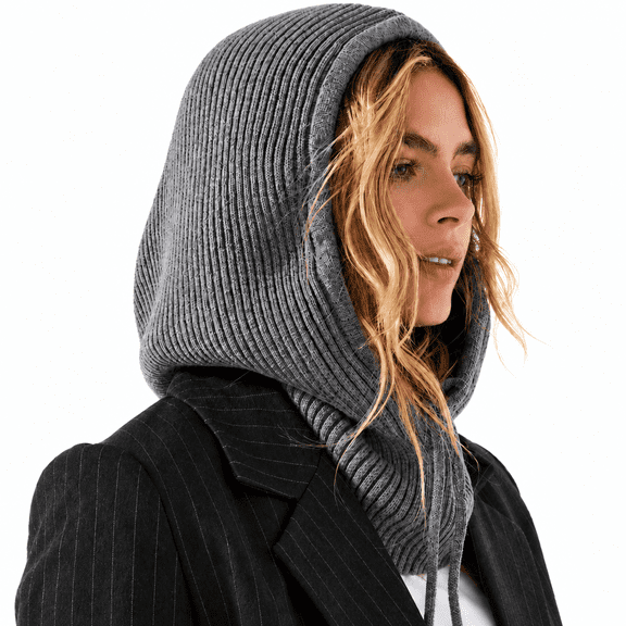 Women's Winter Knit Hat Hooded Scarf Balaclava, Warm Knit Hood,Gray