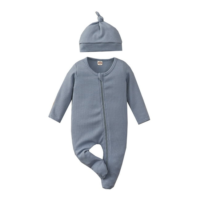 goowrom Babies Two-piece Clothes Set, Solid Color Round Collar Long Sleeve Footie and Cap, 0-24 Months