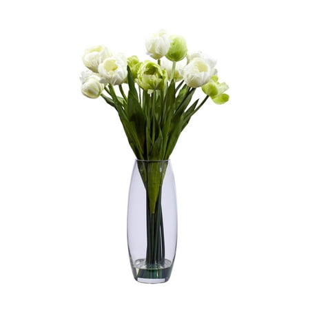 Nearly Natural Tulip with Vase Silk Flower Arrangement Nearly Natural Tulip with Vase Silk Flower Arrangement - Cream/ Green Stately and proud  this incredible tulip arrangement will be a focal point of your decor for years to come. A bevy of tulip stalks rest in a clear vase (complete with liquid illusion faux water)  providing the perfect base for the delicate blooms above. Verdant leaves complete the picture  giving this tulip arrangement a distinct look that will stand the test of time. Perfect for home  office  or even makes a great gift. Height: 20    Width: 12    Depth: 12  . Category: Silk Arrangement. Color: Cream/ Green. Vase: W: 4 in  H: 10.5 in Brand: Nearly Natural Model Number: 1368-4792Shipping Details