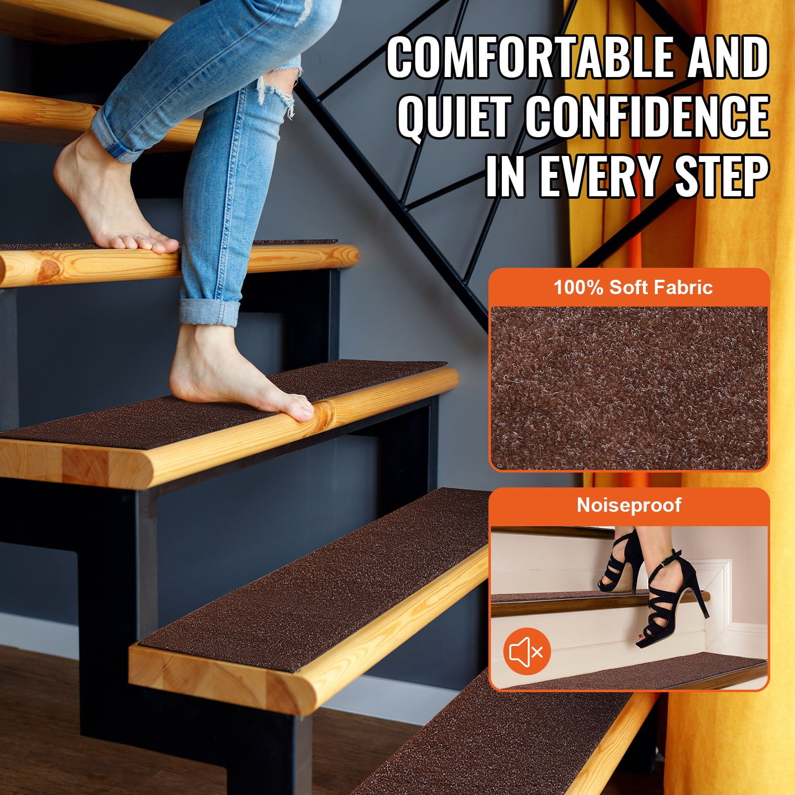 BENTISM Stair Treads 8" x 30" Stairs Carpet Non Slip 15 pcs Indoor Stair Runner for Wooden Steps, Anti Slip Carpet Stair Rugs Mats for Kids Elders and Dogs, Brown