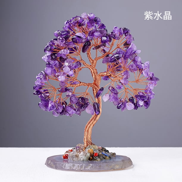 Xiao Hua 1 adorno de árbol de piedra de cristal púrpura natural, base de piedra natural, árbol de la riqueza, piedra triturada de colores, árbol de la vida, adorno de decoración de escritorio