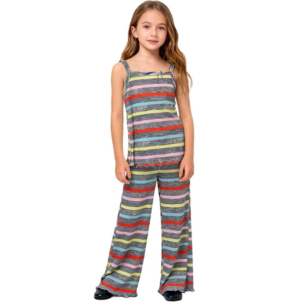 Conjuntos de camiseta sin mangas con cuello redondo para niños, camiseta sin mangas con botones a rayas y pantalones acampanados, conjunto de dos piezas para niños, camiseta de poliéster para niños