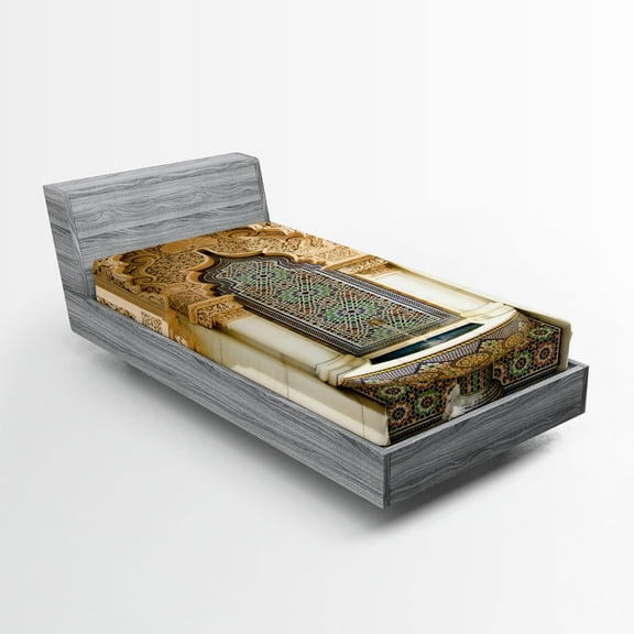 Ambesonne Moroccan Fitted Sheet, Vintage Eastern Art, Twin XL Size, Ivory Pale Brown Blue