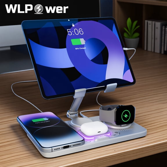 6-in-1 Wireless Charging Station with Clock & Light - 15W Fast Charging Dock for iPhone 17/16/15/14/13/12, AirPods, iWatch Series - Tablet Stand - Christmas Gifts