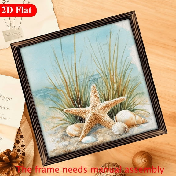 2D Flat 1pc Artistic Watercolor Seashell and Starfish Beach Theme Frame Wooden Sign Wall Decor for Living Room, Bedroom, Bathroom, Office, Summer Party, Decorative Sign 12x12inch