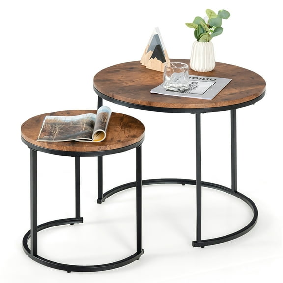 Costway Nesting Coffee Table Set of 2 for Balcony Living Room Modern Round Side Tables Rustic Brown