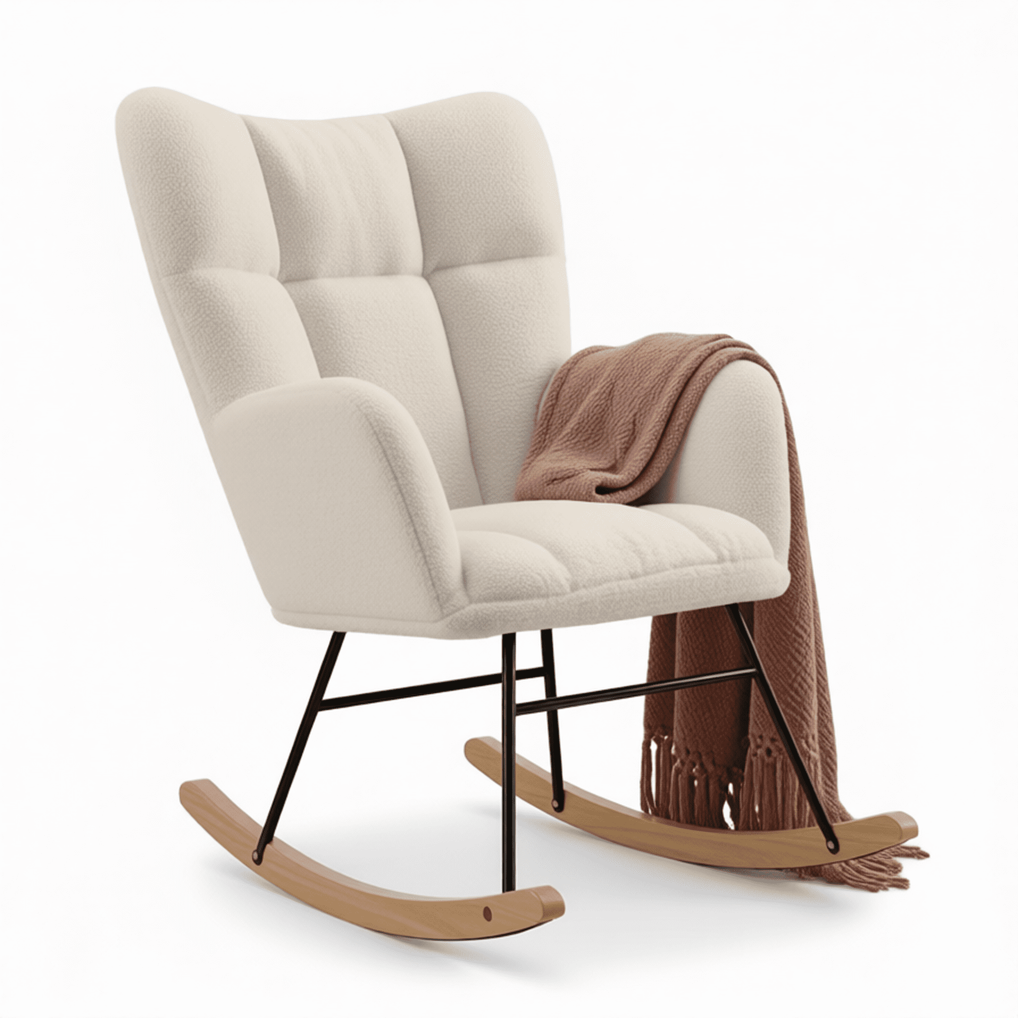 Cream Teddy Fabric Rocking Chair with High Back and Tufted Design, Soft ...