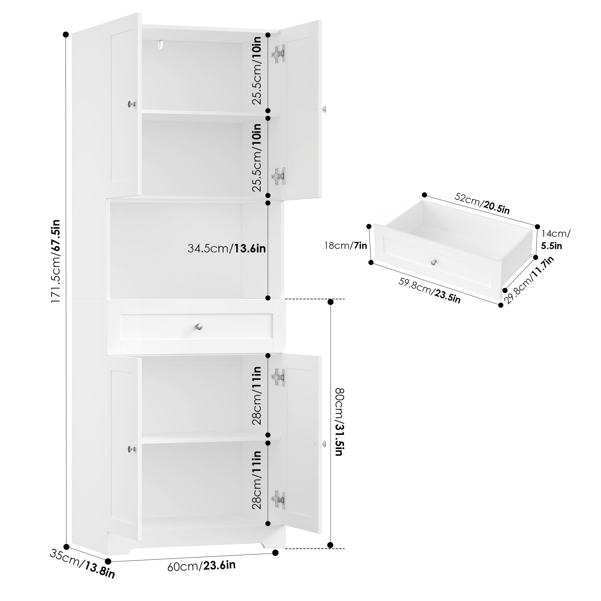 Homfa 67.5'' Tall Kitchen Pantry with Microwave Shelf, Large Storage Drawer Wood Pantry Storage Cabinet for Dining Room Living Room, White