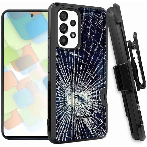 ANJ  Rugged Dual Layered Holster Case w/Kickstand, Card Slot Case   Tempered Glass Cover for Samsung Galaxy A53 5G - Broken Glass
