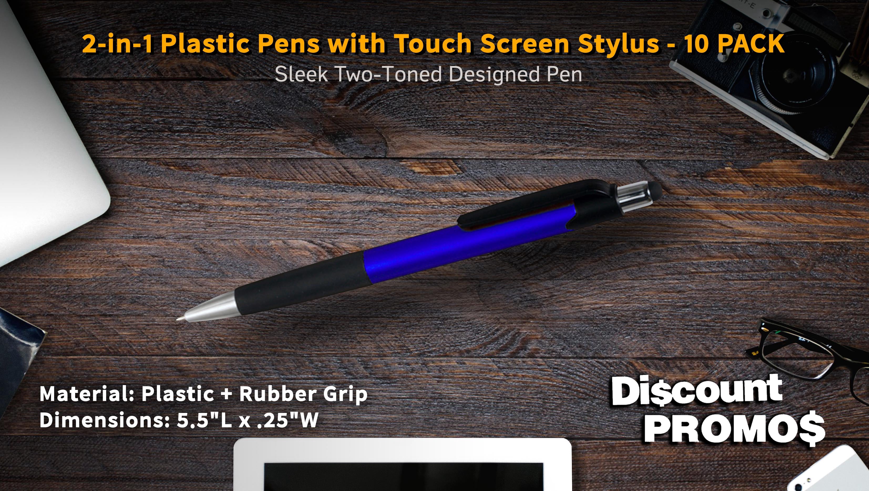 Pens with Touch Screen Stylus - 10 pack - Plastic Pens - Metallic Blue