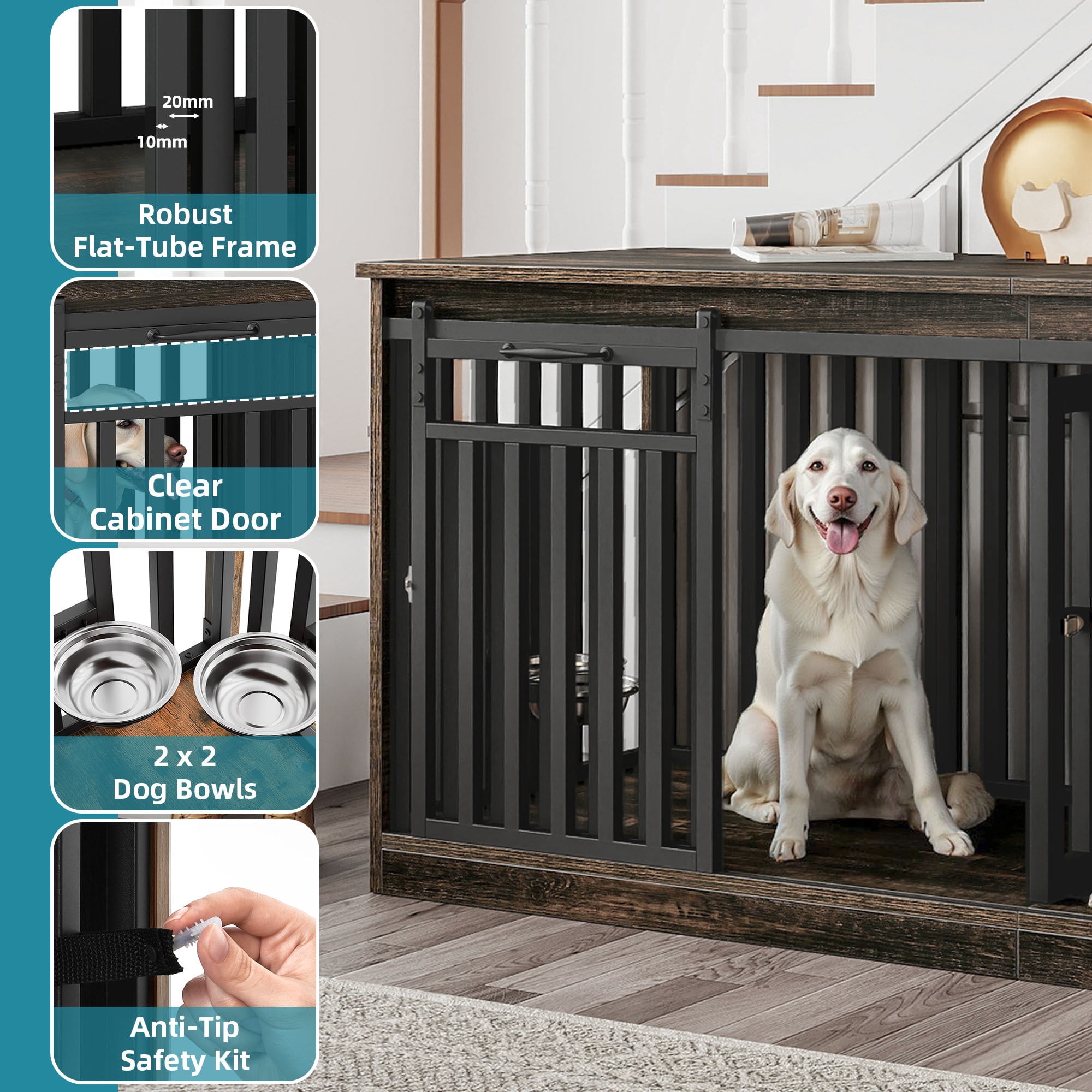 Uforic 71" Double Dog Crate Furniture, Heavy Duty Wood Dual Kennel TV Stand with Sliding Doors & Dog Bowls (Black)