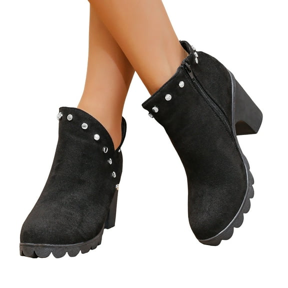 Rokment Sparkly Rhinestones High Heels Ankle Boots for Women Ladies Bride Wedding Suede Cut-Out Chunky Heeled Dress Booties Christmas Party Black Size 6.5