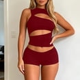 thumbnail image 2 of FUZHIQ Womens Summer Outfits 2 Piece Sleeveless Crew Neck Cut out Crop Top Bodycon Shorts Set Y2k Solid Color Stretchy Slim Fitted Matching Sets for Night out Club Party Wear Red XL, 2 of 6