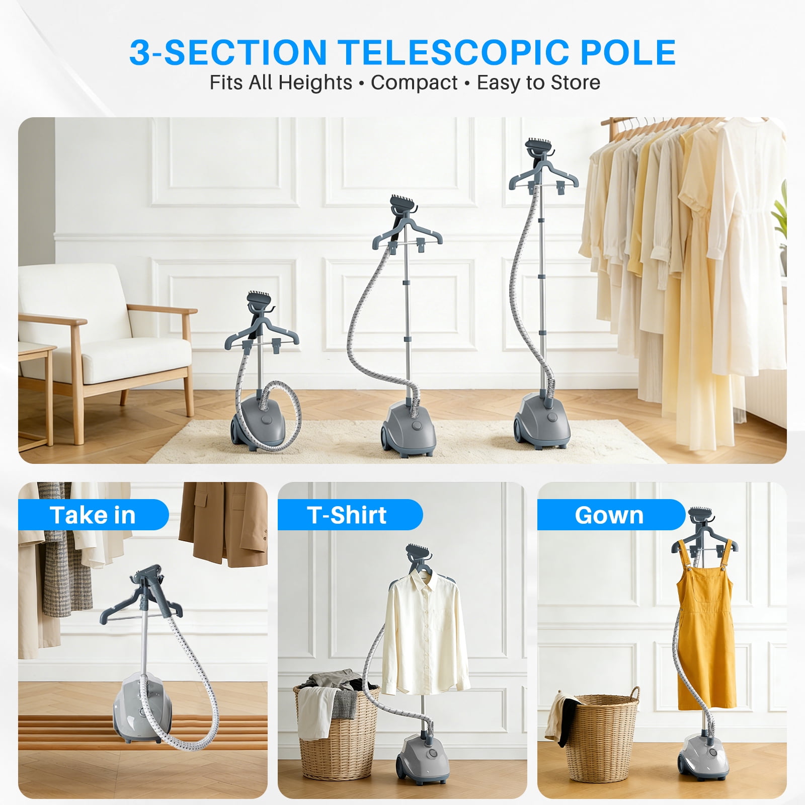Beddle Steamer for Clothes with Stand,1500W Powerful Garment Steamer with Roll Wheels, 1.7 L Water Tank,Auto Shut-off, Gray
