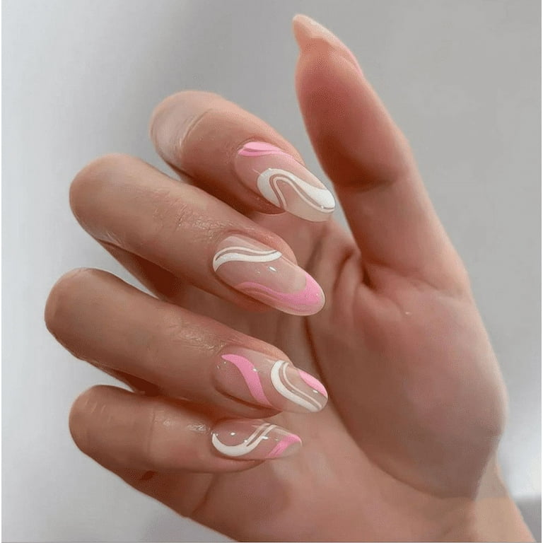 Fake Nails Short White Press on Nails Almond Cute Tips Swirl